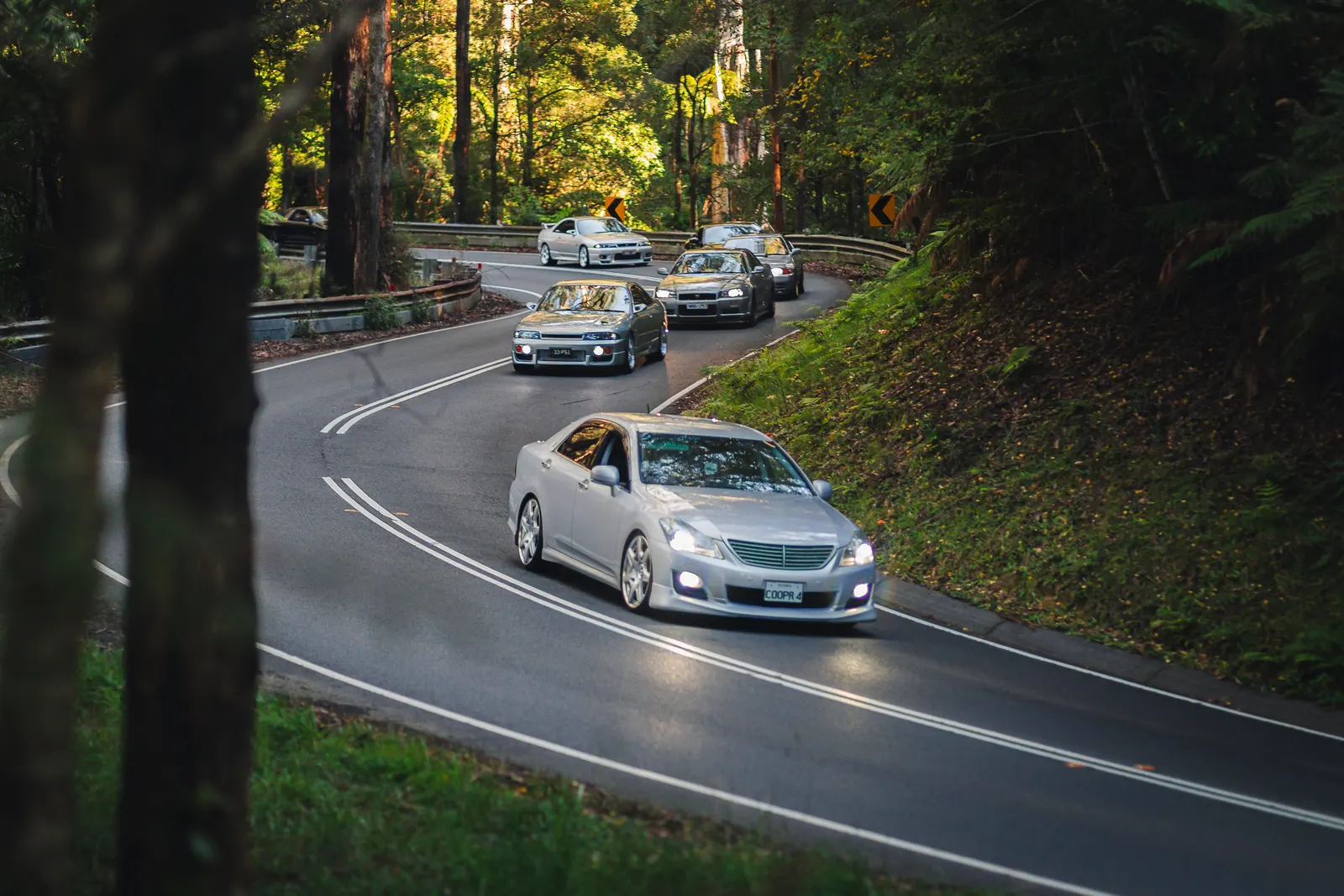 A white sedan leads a convoy of vehicles on a tree-lined mountain road with lush green forest on both sides.
