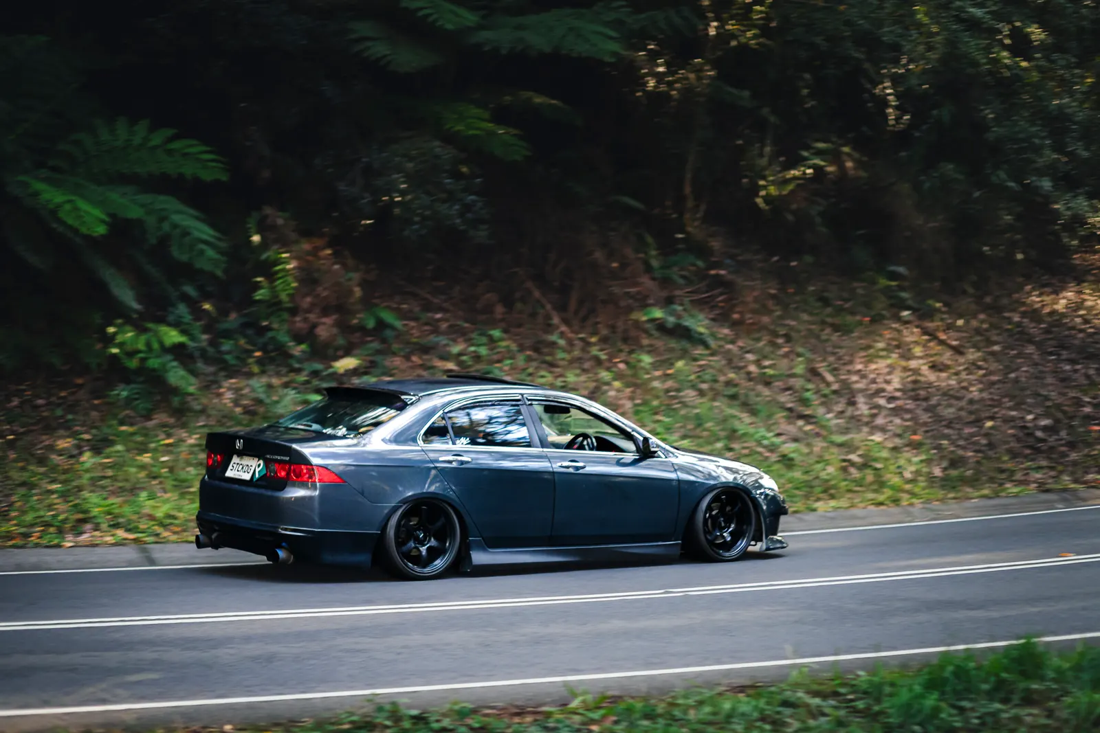 Blue sport sedan driving on a forest road with dense green vegetation and trees in the background.