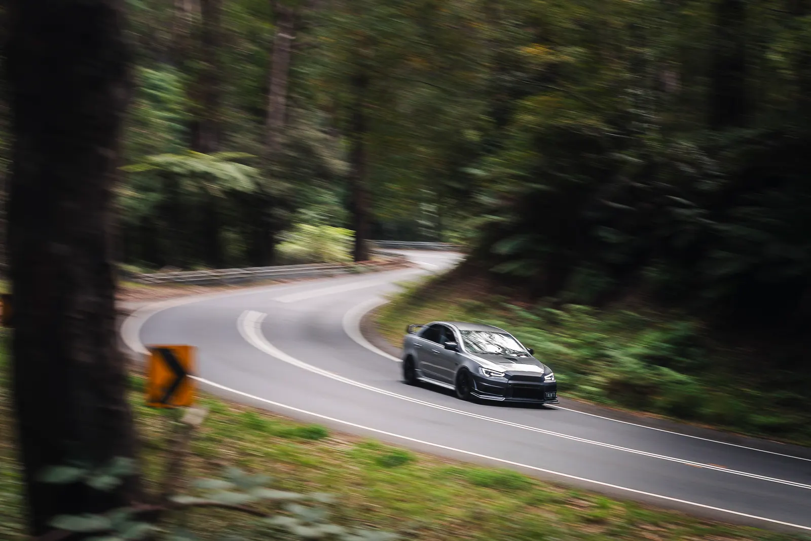 Silver sports car driving on a winding forest road with trees lining both sides.